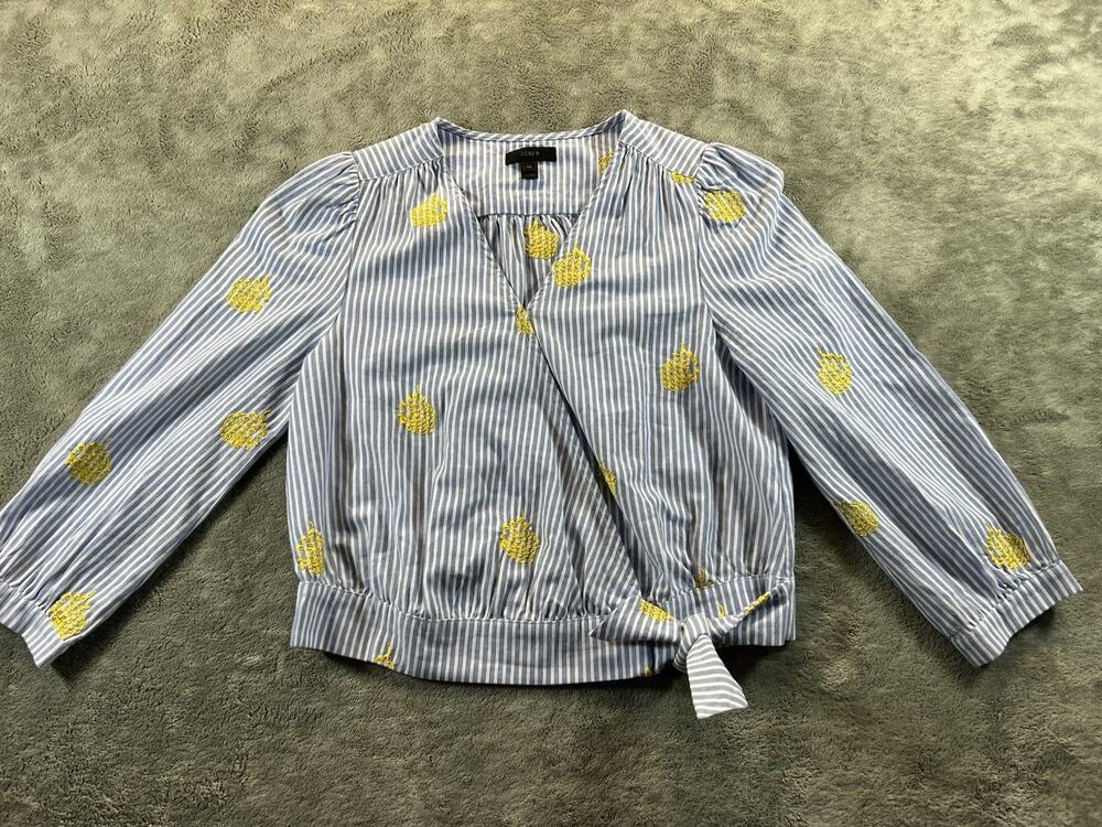 J.Crew XS Pineapple Embroidered Blue Stripe Wrap Tie Front Blouse Cotton